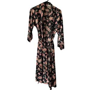 Vintage Dentelle Satin Floral Robe Black Pink Green Loungewear Resortwear SMALL